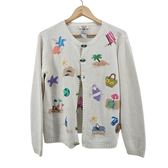 Talbots Sweaters - Talbots Cardigan Sweater Women Small Cream Beach Theme Embroidery Sunglasses 90s